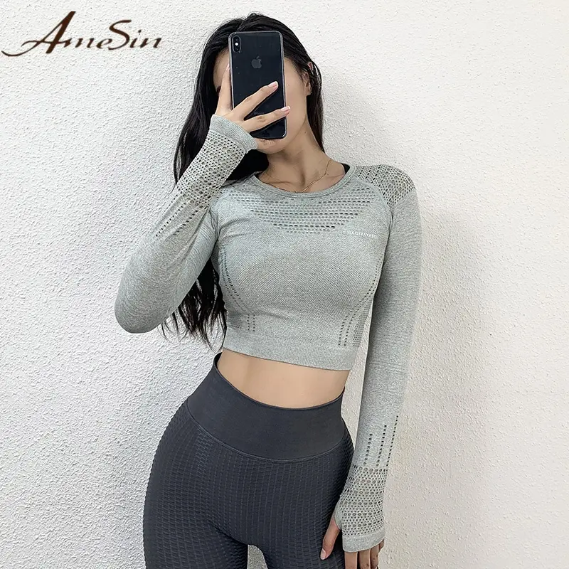 AMESIN-camisetas de manga larga sin costuras para mujer, camisetas sin mangas de entrenamiento, camisetas de Yoga con panel de malla con agujero para el pulgar