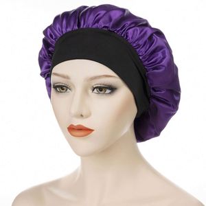Bonnet en satin noir de 30 cm avec bordure en soie, bonnets de chimiothérapie avec large bande élastique, bonnets de nuit pour femmes - Product Image 3