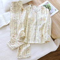 Pyjama en coton lavé fin pour femme, col en V, taille élastique respirante, manches longues, longueur intégrale, en crêpe double épaisseur