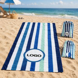 Serviette de plage rayée de luxe en microfibre imprimée, antimicrobienne, séchage rapide, avec sac de rangement à cordon, logo personnalisé, légère et sans sable - Product Image 1