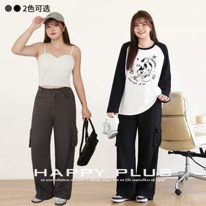 Runqi กางเกงคาร์โก้เอวสูงสำหรับผู้หญิง, กางเกงขาตรงลำลองสีเทาดำ N8766ขนาดใหญ่พิเศษ - Product Image 4