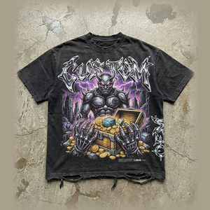 เสื้อยืดผู้ชายสไตล์สตรีทแวร์ทรงโอเวอร์ไซส์ ผ้าฝ้าย 100% พิมพ์ลายดิจิทัลแบบวินเทจ ดีไซน์ขาดๆ แบบดิสเทรส รับผลิตตามแบบ OEM - Product Image 1