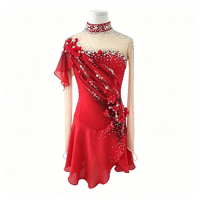 Robe de patinage artistique de luxe rouge à motifs floraux avec strass et dos profond, jupe de danse sur glace pour filles et femmes, tenue de compétition et de performance