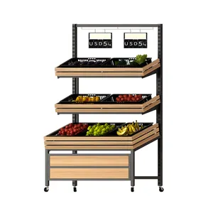 Cesta de armazenamento de loja de corrente, design de prateleira de madeira metal pintura frutas prateleira para venda e gondola