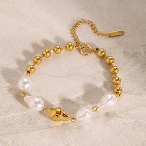 Baroque Style 18K PVD <b>Gold</b> Stainless Steel <b>Beaded</b> <b>Bracelet</b> with Pearl Baroque for Women | Waterproof Hypoallergenic & Non-Fading - Product Image 2