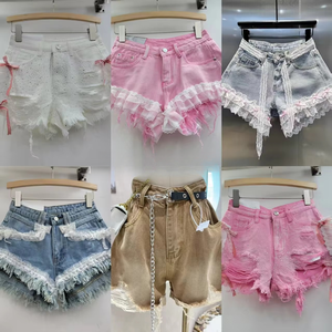 Shorts en jean amples et mignons pour <span class=keywords><strong>femme</strong></span>, taille haute, avec dentelle, pour l'été – Effet amincissant, longs, décontractés et élégants - Product Image 1