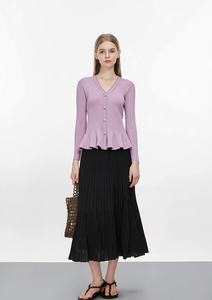 Elegante <span class=keywords><strong>Cardigan</strong></span> <span class=keywords><strong>Viola</strong></span> in Maglia con Peplum, Maglione a Costine con Scollo a V e Bordo a Contrasto, Bottoni in Perla, Top Chic da Donna - Product Image 4