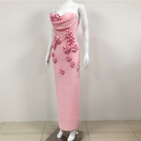 Gaun Pesta Wanita Berkualitas Tinggi Vestidos Elegantes Bunga Mawar 3D Off-The-Shoulder Pink Elegan Gaun Bodycon Panjang Model Bandage