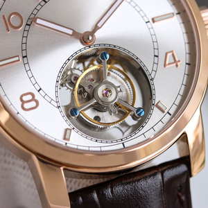 Reloj mecánico Tourbillon con esfera en tono oro rosa, correa de cuero marrón, reloj de pulsera de cuarzo, estilo vestir - Product Image 3
