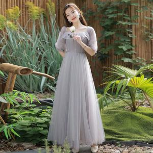 Grey Bridesmaid Dress A-Line Tulle Sweetheart Neckline Natural Waist Long Sleeve Casual Wedding Party Dress - Product Image 4