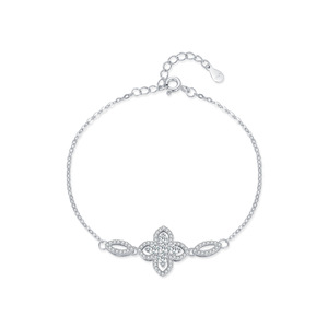 S925 silver Women's Rhodium Plated Chain <b>Bracelet</b> With Diamond Flower Pave Setting Classic Everyday Wear - Product Image 1