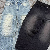 Jean en denim pour homme, taille haute, coupe large, délavé à l'acide, avec patch 3D gaufré personnalisé et rivets métalliques, style pantalon empilé