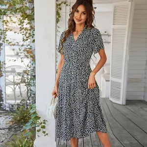 Wholesale printing v neck button ruffle a-line summer 2024 trends casual floral long dress women elegant dresses for women