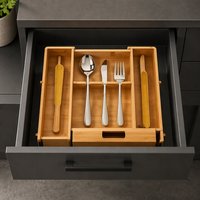 Offre Spéciale : Organisateur de tiroir multifonctionnel en bambou, type support, avec séparateurs pour couverts et ustensiles de cuisine, pour usage domestique
