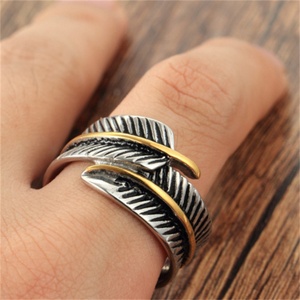 Vintage Retro Black Gold Plated Feather Leaf <b>Open</b> Stainless Steel Adjustable <b>Ring</b> for Women Men - Product Image 5