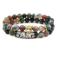 Ensemble de 2 bracelets unisexes en pierre d'agate indienne de 8 mm, tête de Bouddha, tête de crâne, casque de guerrier spartiate, couronne en fer