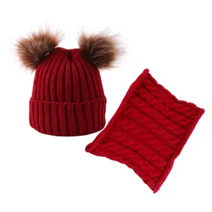 Hot Sale Solid Color Twist Pattern Winter Pompom Beanie Hat And Snood Scarf Set For Kids Children