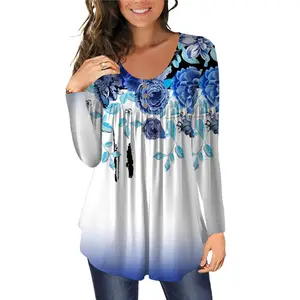 2021 модные товары из США для осени и зимы плиссированные повседневные футболки с длинным рукавом с принтом для женщин оптом Бесплатная доставка
