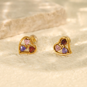 Conjunto de Joyería de Zirconia Pulida Impermeable con Colgante de Corazón Brillante y Aretes, Chapado en Oro, de Acero Inoxidable para Mujer - Product Image 3