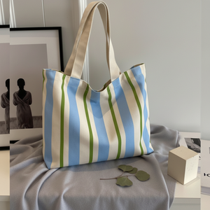 Bolsa <span class=keywords><strong>de</strong></span> Lona a Rayas Personalizable <span class=keywords><strong>de</strong></span> Gran Capacidad con Asas Beige para el Uso Diario - Product Image 5