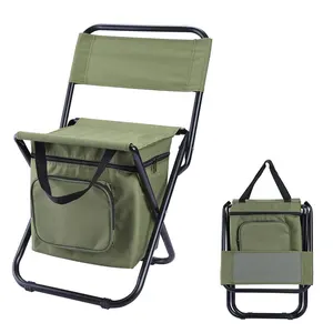 Taburete de respaldo ligero y portátil para exteriores, silla de pesca plegable y compacta con bolsa de refrigeración