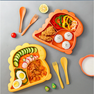 Ensemble de vaisselle pour enfants, bols, assiettes, cuillères, fourchettes, vaisselle divisée, assiette à nourriture, lavable au lave-vaisselle, sain et mignon, motif dinosaure - Product Image 4