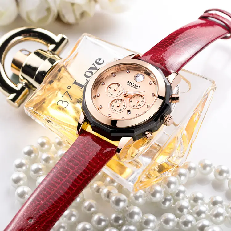 Waterproof Zircon Inlaid Calendar Quartz Watch Large Dial Red Purple Black White Leather Strap Wristwatch Gift for Ladies