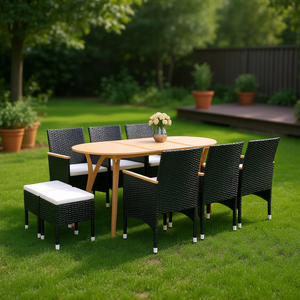 Black <b>Rattan</b> Garden <b>Dining</b> Set 6 Seater Teak <b>Table</b> Outdoor Furniture Weather Resistant Contemporary Design - Product Image 2