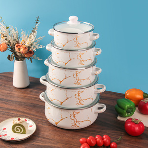 Juego de utensilios de cocina de cinco piezas de esmalte y laca engrosados - Olla para guisos con tapa de vidrio de <span class=keywords><strong>doble</strong></span> <span class=keywords><strong>bisagra</strong></span> y patrón de mármol, y tazón para sopa con tapa - Product Image 1