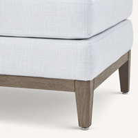 Pouf en tissu de lin blanc, style moderne minimaliste, repose-pieds avec base en bois et pieds coniques pour salon, siège supplémentaire