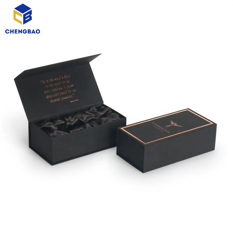 Caixa de papelão para presente luxuosa estampada personalizada por atacado, preto, fecho magnético simples, forrado de cetim e seda