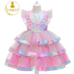 FSMKTZ漂亮女孩彩色分层连衣裙亮片设计派对为3-10岁儿童穿高品质公主