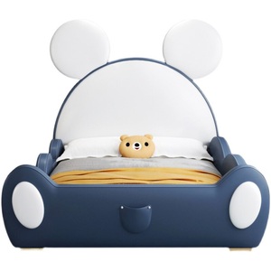 Lit enfant en bois massif style grandes oreilles JS, avec <span class=keywords><strong>sommier</strong></span> à <span class=keywords><strong>lattes</strong></span> en bois, ensemble de meubles de chambre en cuir souple - Product Image 1