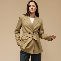 Blazer kaki uni pour femme en tissu peigné respirant, veste à manches longues croisée avec fermeture boutonnée et ceinture, coupe droite