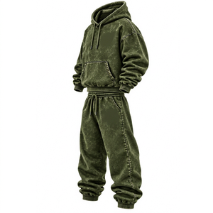 Conjunto Deportivo RISK SPORTS para Hombre, Sudadera con Capucha y Pantalones Deportivos, Estilo Urbano, Color Verde Oliva, Lavado Ácido, Transpirable, Holgado, Estilo Hip Hop - Product Image 1