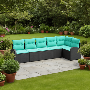 6 Piece Black And Turquoise Poly <b>Rattan</b> Garden <b>Sofa</b> Set Outdoor Furniture Contemporary Design Weather Resistant - Product Image 2