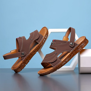 Men's Solid Genuine Leather <b>Flat</b> <b>Sandals</b> Open Toe Anti-Slippery Rubber Outsole Casual Outdoor Shoes Size 40-45 - Product Image 3