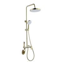 Colonne de douche encastrée en laiton massif finition or brossé, avec pommeau de pluie, douchette à main, pulvérisateur de bidet, thermostatique à double commande et jets de massage doux