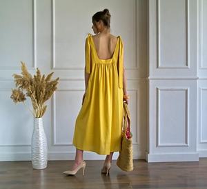 Charming Bright Yellow Open Back Linen Sleeveless <b>Loose</b> <b>Fit</b> Maxi <b>Dress</b> With Wide Strap Cute Open Back Sundress for Cool Ladies - Product Image 5