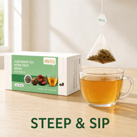Thé Blanc Naturel Vieilli Direct Usine avec Reishi et Fruit du Moine, Sans Sucre Ajouté, Faible en Caféine, Sachets Pyramidaux