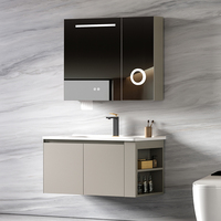 Miroir de salle de bain mural en aluminium avec vasque en céramique intégrée, LED intelligente tactile, anti-buée et rangement multifonctionnel