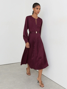 Elegante Vestido Midi a Cuadros con Cinturón y Cuello con Abertura, Manga Larga, Corte en A, para Oficina, Tejido de Viscosa y Poliéster, Estilo Otoñal - Product Image 3