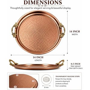 Leathervines Hammered Copper Tray 14 Inch Round With Brass Handles For Coffee <b>Table</b> Decorative Serving Tray - Product Image 4