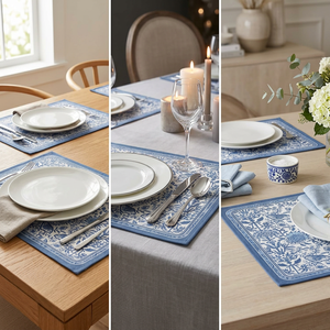 Ensemble de 4 sets de table bleus à motifs floraux, 12x18 pouces |   Sets de table en coton imprimé chinoiserie |   Table à manger vintage bohème - Product Image 5