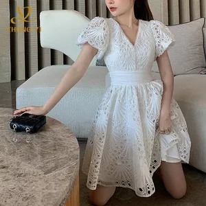 2023 Popular Style Chiffon Summer Ladies Dress Neckline with Pearl V-Neck Style Bow Waist Backless Casual Women Elegant Dresses