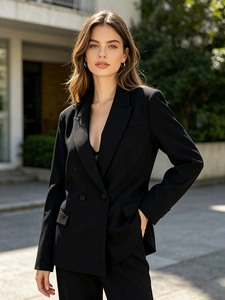 Blazer negro <span class=keywords><strong>para</strong></span> mujer, chaqueta de <span class=keywords><strong>traje</strong></span> con doble botonadura, ropa de trabajo <span class=keywords><strong>para</strong></span> oficina, ropa exterior profesional <span class=keywords><strong>formal</strong></span> elegante y ajustada - Product Image 3