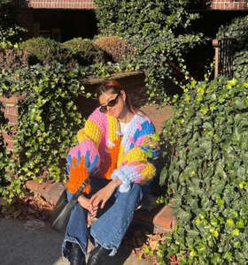 Bloc de couleur arc-en-ciel tricoté Cardigan couche de finition femmes automne et hiver tricot à la main épais Crochet pull - Product Image 3