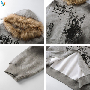 เสื้อโค้ทขนสัตว์ลายกราฟิกสไตล์เทพนิยายสีเทาเข้ม แจ็คเก็ตมีฮู้ดแบบซิปเต็มตัว ย้อมสีแบบวินเทจ - Product Image 5