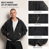 Sweat à capuche réversible personnalisé en maille gaufrée effet vieilli pour homme, en coton épais noir délavé avec fermeture éclair métallique, style streetwear