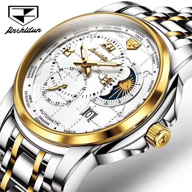 Jsdun 8920 Moon Phase Mechanical Watch Stainless Steel Deep Waterproof Hand Clock Original Luxury Man Automatic Watches for Men
